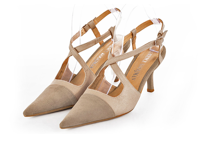 Tan beige women's open back shoes, with crossed straps. Pointed toe. High slim heel. Front view - Florence KOOIJMAN